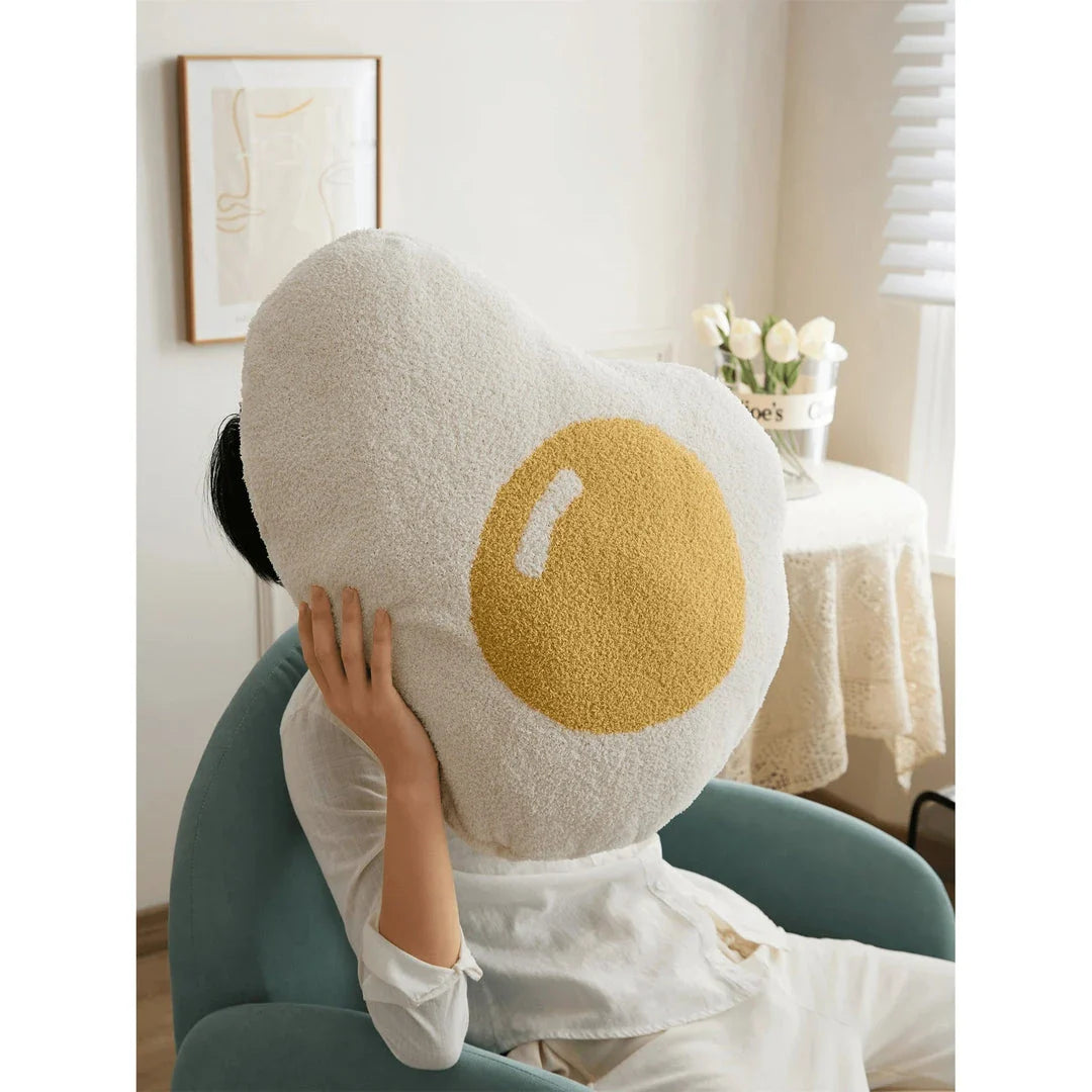 Cosy and charming kawaii fried egg throw pillow with plush microfiber fabric and cotton filling for stylish home decor