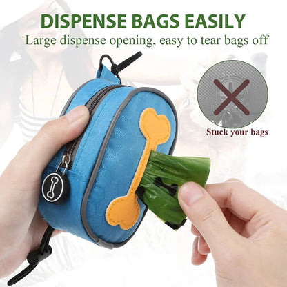 A heavy-duty, weatherproof dog poop bag dispenser made of Oxford fabric with a lavender-scented, leak-proof bag system.