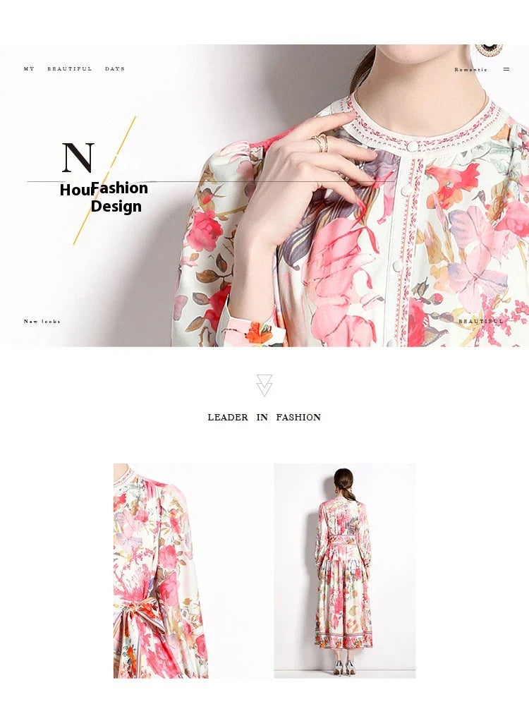 Elegant floral single-breasted swing dress with delicate print, tailored design, and flowing silhouette