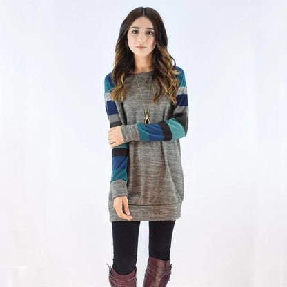Elegant long-sleeved dress in black and blue colours, featuring a flattering silhouette and premium cotton blend fabric