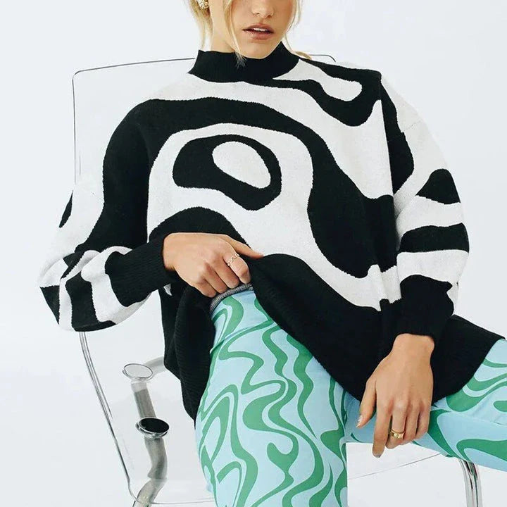 Chic striped turtleneck oversized jumper for women in black colour, featuring a relaxed fit and stylish pattern