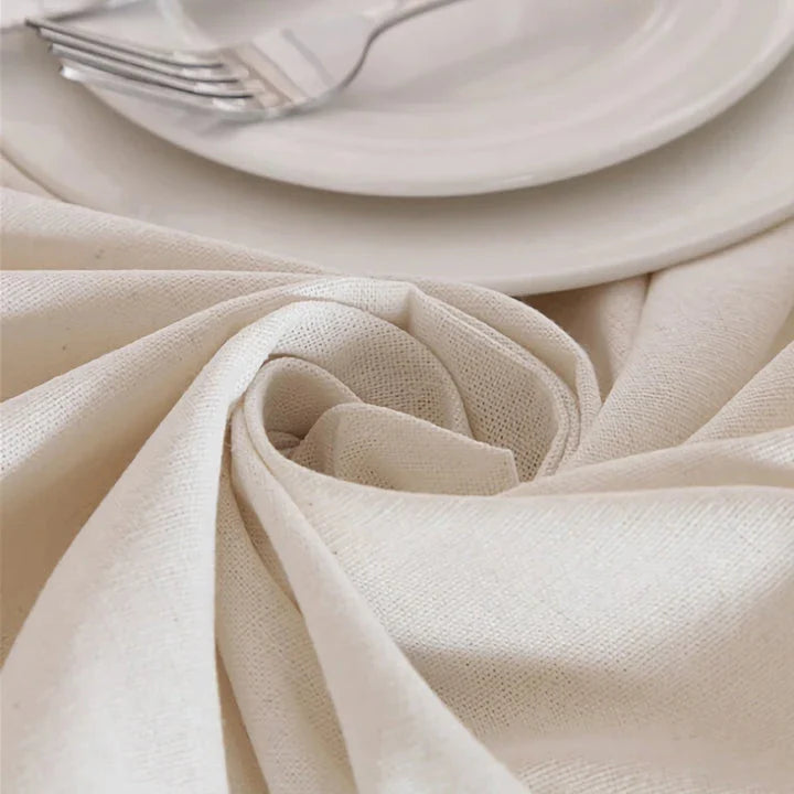 Elegant polyester linen tablecloth with delicate lace edging, available in various sizes for a sophisticated dining experience.