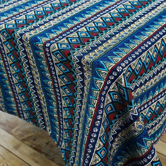 Bohemian-patterned dining tablecloth with intricate jacquard weave and vibrant colours