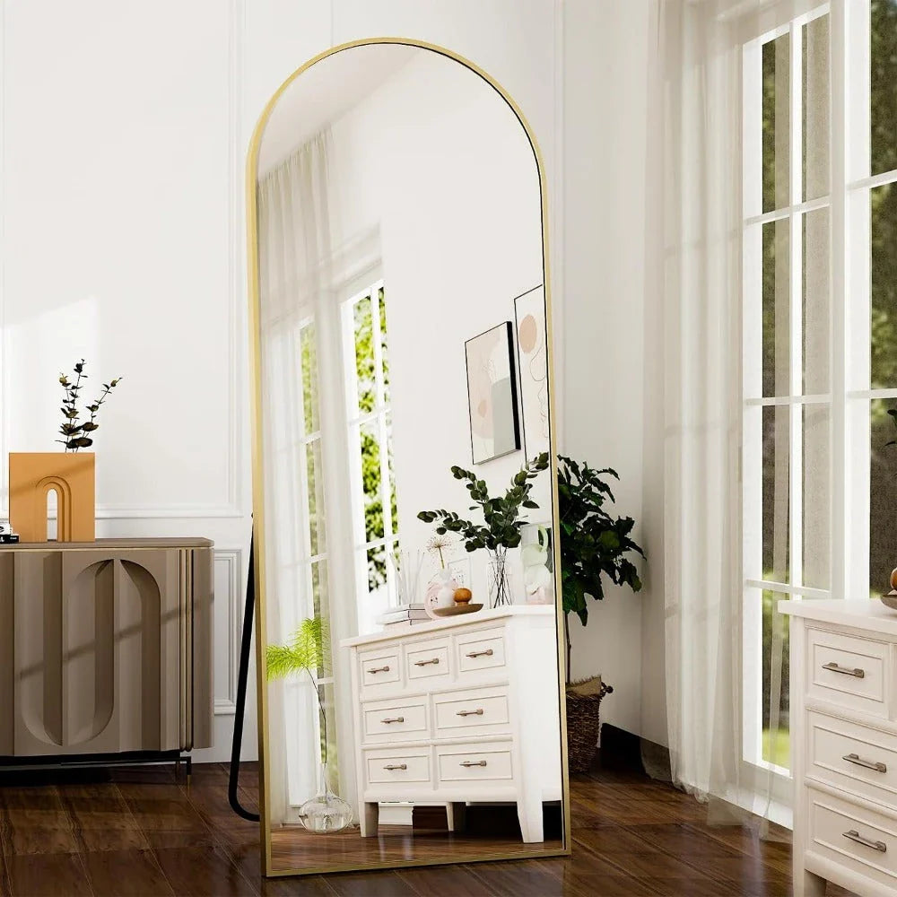Elegant arched full-length gold mirror with premium aluminium frame, providing a high-definition reflection for your daily routine