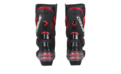 Durable all-weather motorcycle boots with microfiber leather, carbon fibre reinforcements, and shock-absorbing sole for versatile protection and style