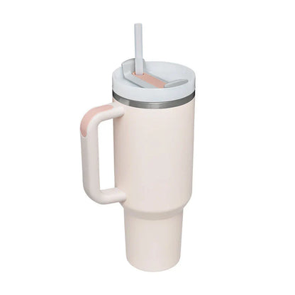 Premium insulated travel mug with straw, made of high-quality stainless steel to keep drinks hot or cold for up to 24 hours