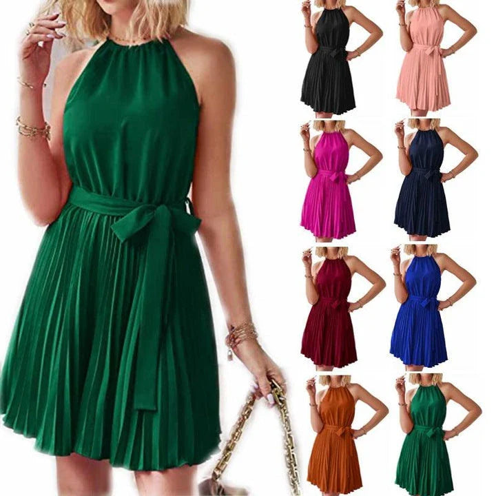 Elegant halter sundress in a variety of colours, featuring a pleated skirt and adjustable waistline for a customised fit