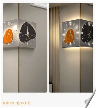 Elegant double-sided corner wall clock with acrylic construction and aluminium hands, providing a modern and minimalist aesthetic for British homes.