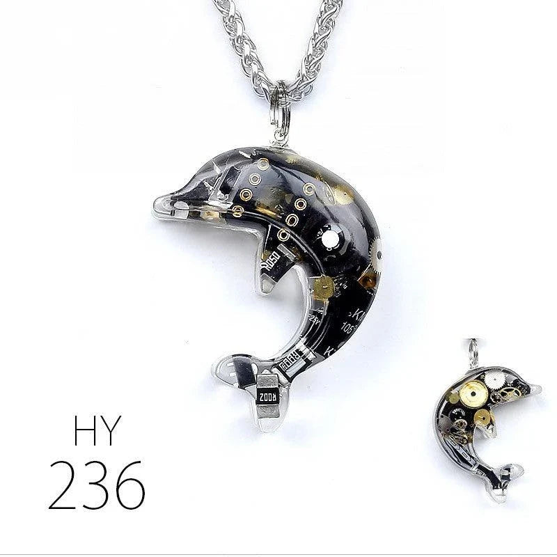 Steampunk-inspired dolphin pendant necklace with electronic components and brass accents