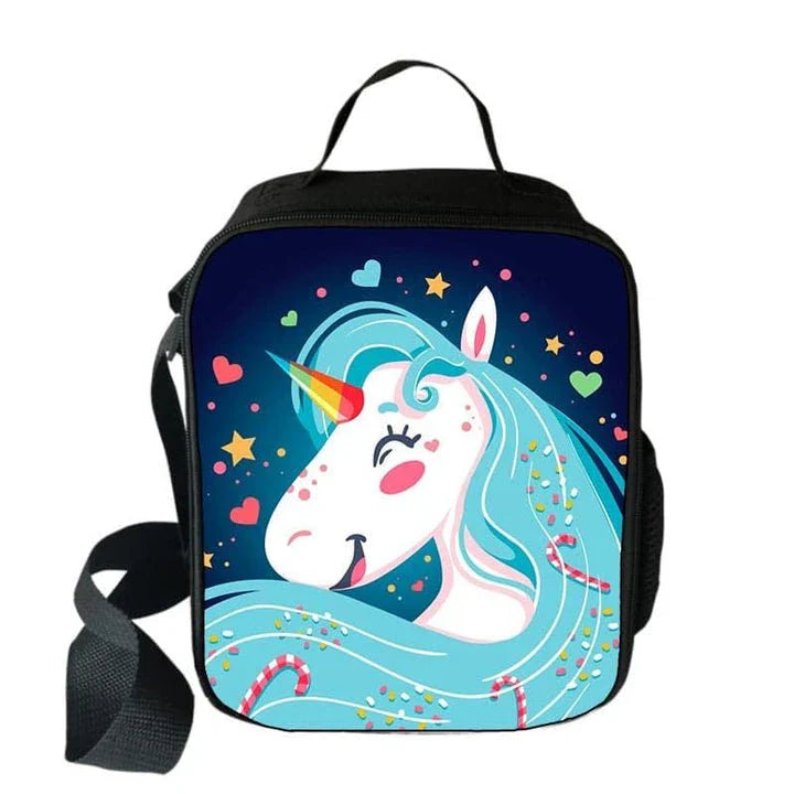 Cartoon unicorn printed lunch bag for children, featuring a vibrant design and durable polyester construction