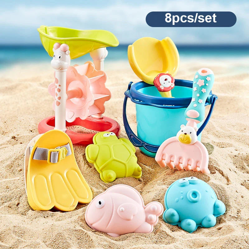 Colourful and vibrant baby beach toy set with shovels, sand moulds, and a convenient carry bag