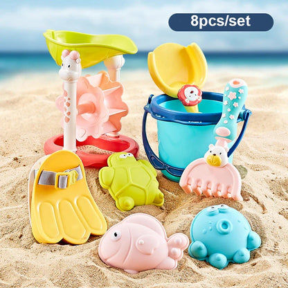 Colourful and vibrant baby beach toy set with shovels, sand moulds, and a convenient carry bag