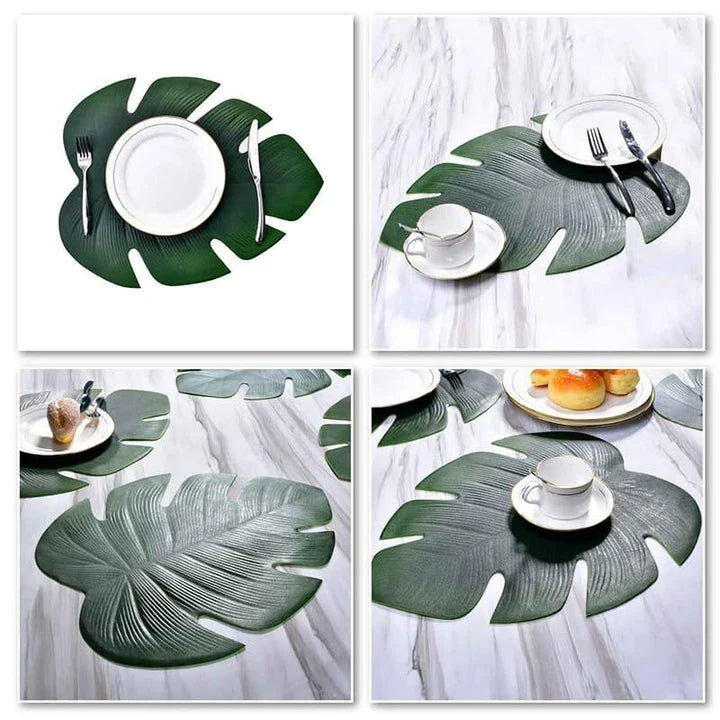 Elegant floral-patterned PVC dining table coaster in a contemporary setting, protecting a wooden table surface