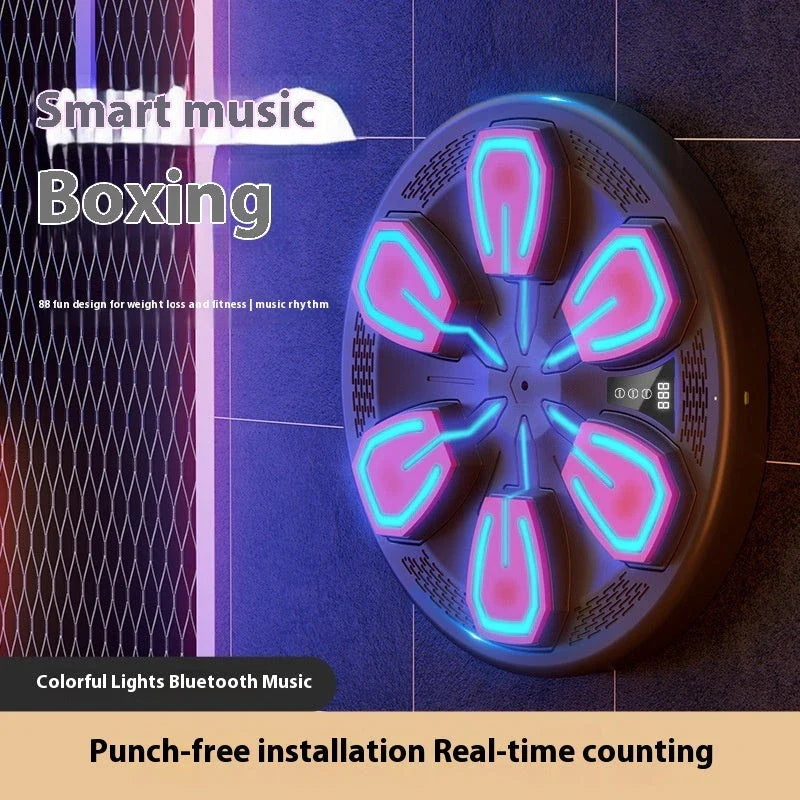 A smart home fitness device called the Music Boxing Machine, featuring a sleek black design and a touchscreen display for music-driven workouts.