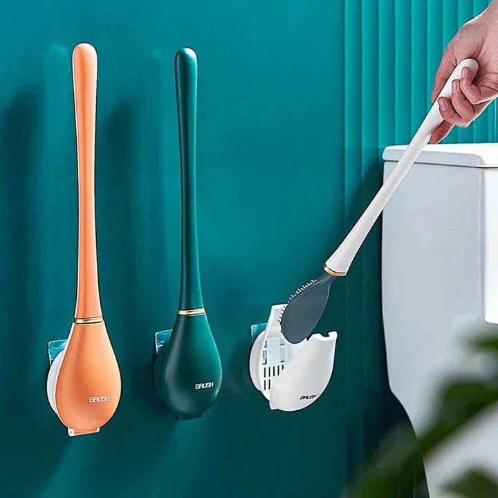 A modern long-handled silicone toilet brush with a sleek wall-mounted holder, perfect for efficient and hygienic bathroom cleaning.