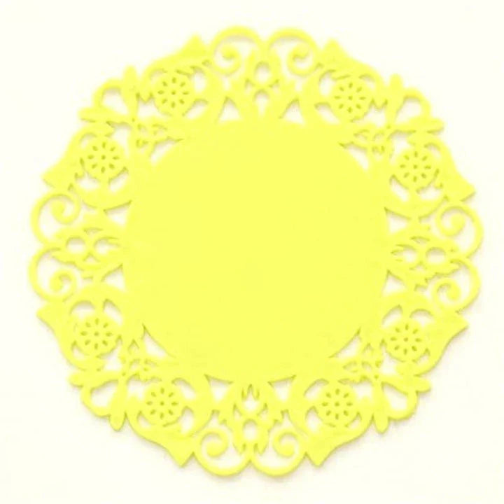 Trendha's premium Lace Silicone Coasters featuring a delicate lace pattern and heat-resistant design to protect your furniture in style.