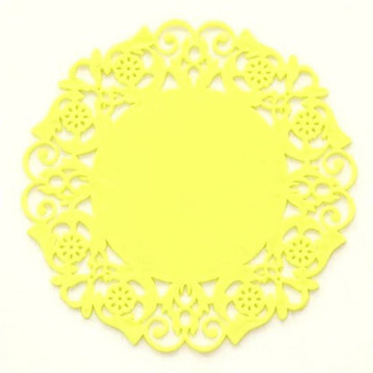 Trendha's premium Lace Silicone Coasters featuring a delicate lace pattern and heat-resistant design to protect your furniture in style.
