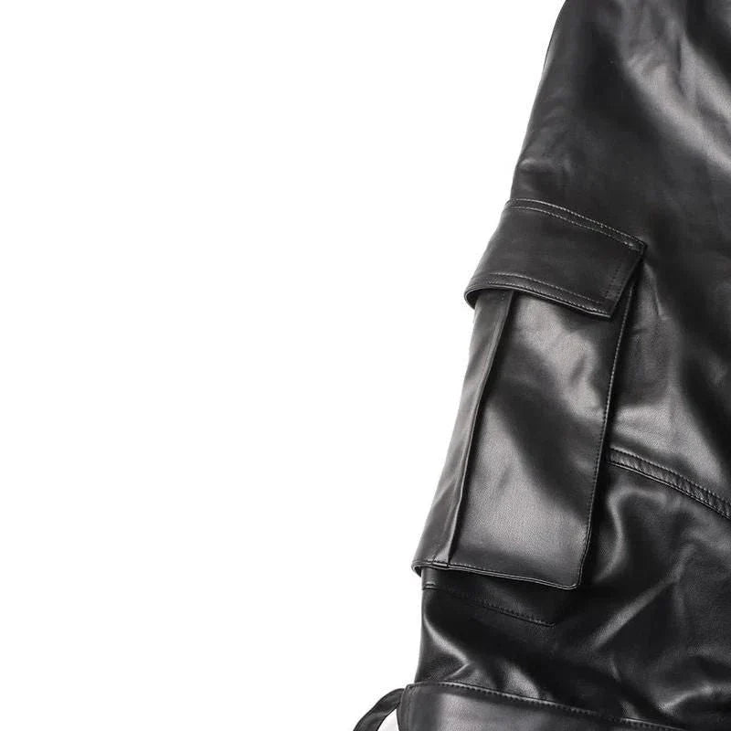 A pair of high-waist leather cargo pants with a stylish patchwork design, offering a blend of functionality and fashion for modern women.