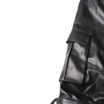 A pair of high-waist leather cargo pants with a stylish patchwork design, offering a blend of functionality and fashion for modern women.