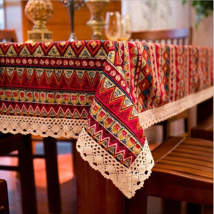 Bohemian-patterned dining tablecloth with intricate jacquard weave and vibrant colours