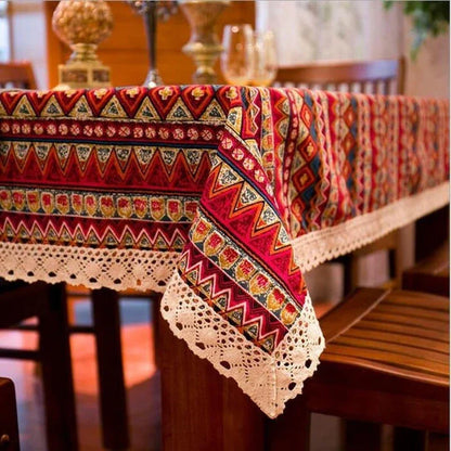 Bohemian-patterned dining tablecloth with intricate jacquard weave and vibrant colours