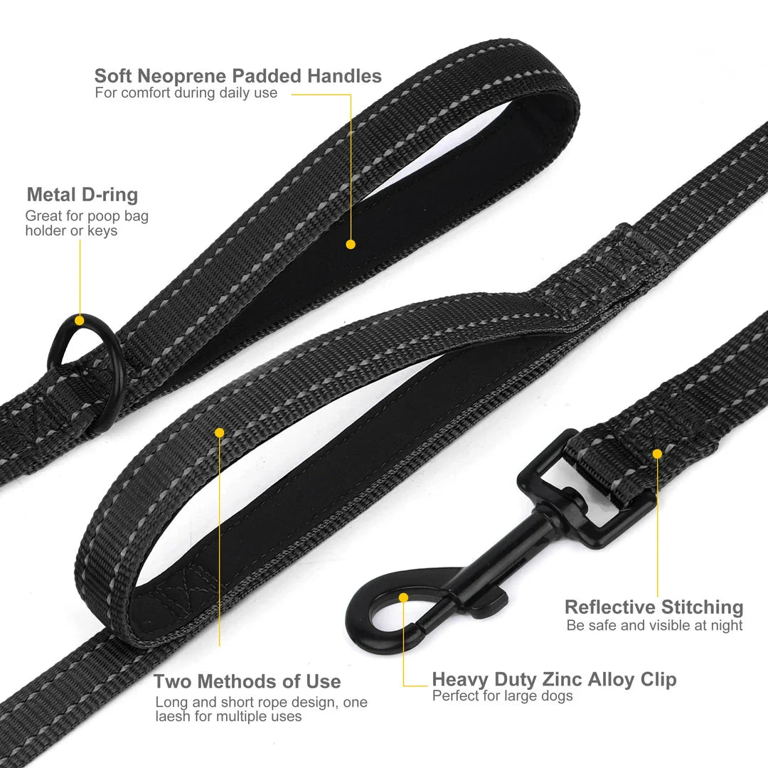 Durable 5ft reflective dog leash with padded dual handles for enhanced control and visibility during walks