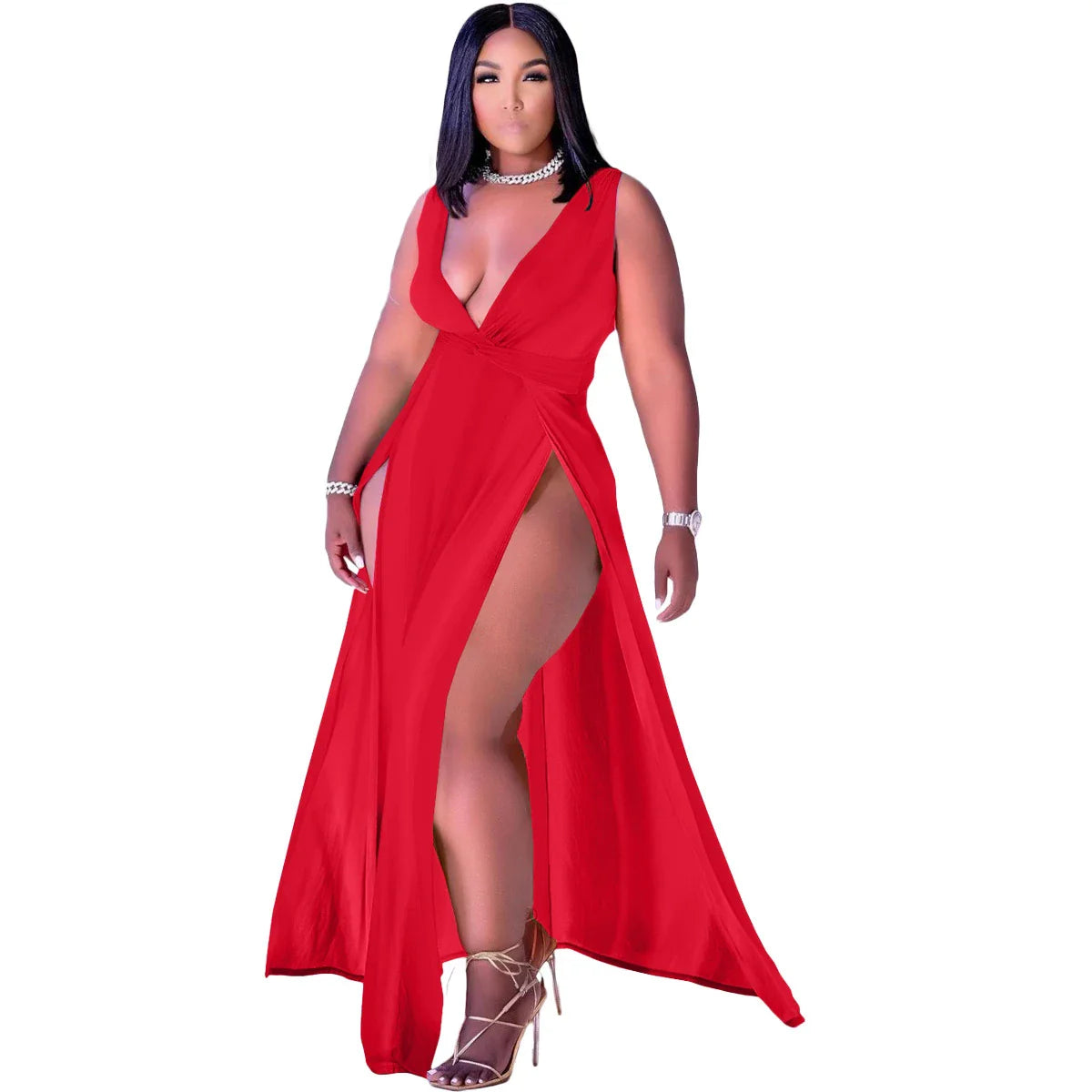 Elegant women's sleeveless v-neck dress in various colours and sizes