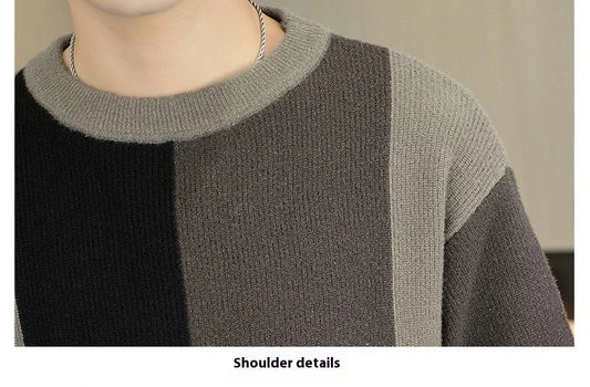 Cosy colour-block pullover sweater for men in classic brown and creamy-white shades