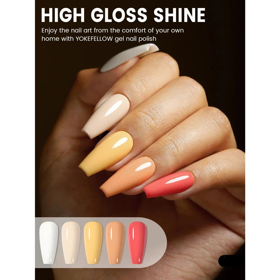 Autumn-inspired gel nail polish kit with vibrant orange, yellow, and glitter shades