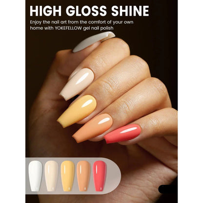 Autumn-inspired gel nail polish kit with vibrant orange, yellow, and glitter shades