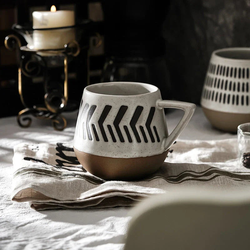 Unique hand-painted ceramic mug with retro Nordic design, featuring a large capacity and durable construction for everyday use