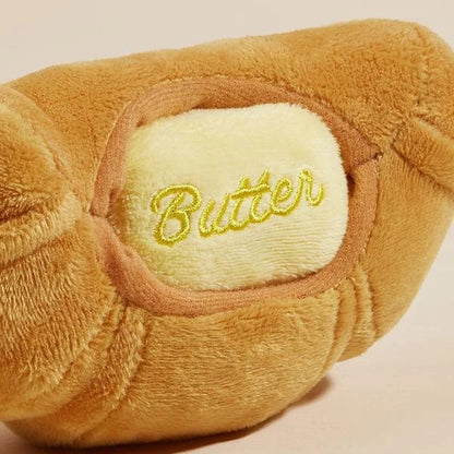 Cute food-themed squeaky dog toy made of soft fleece material, designed to clean teeth and provide interactive play for puppies and small dogs