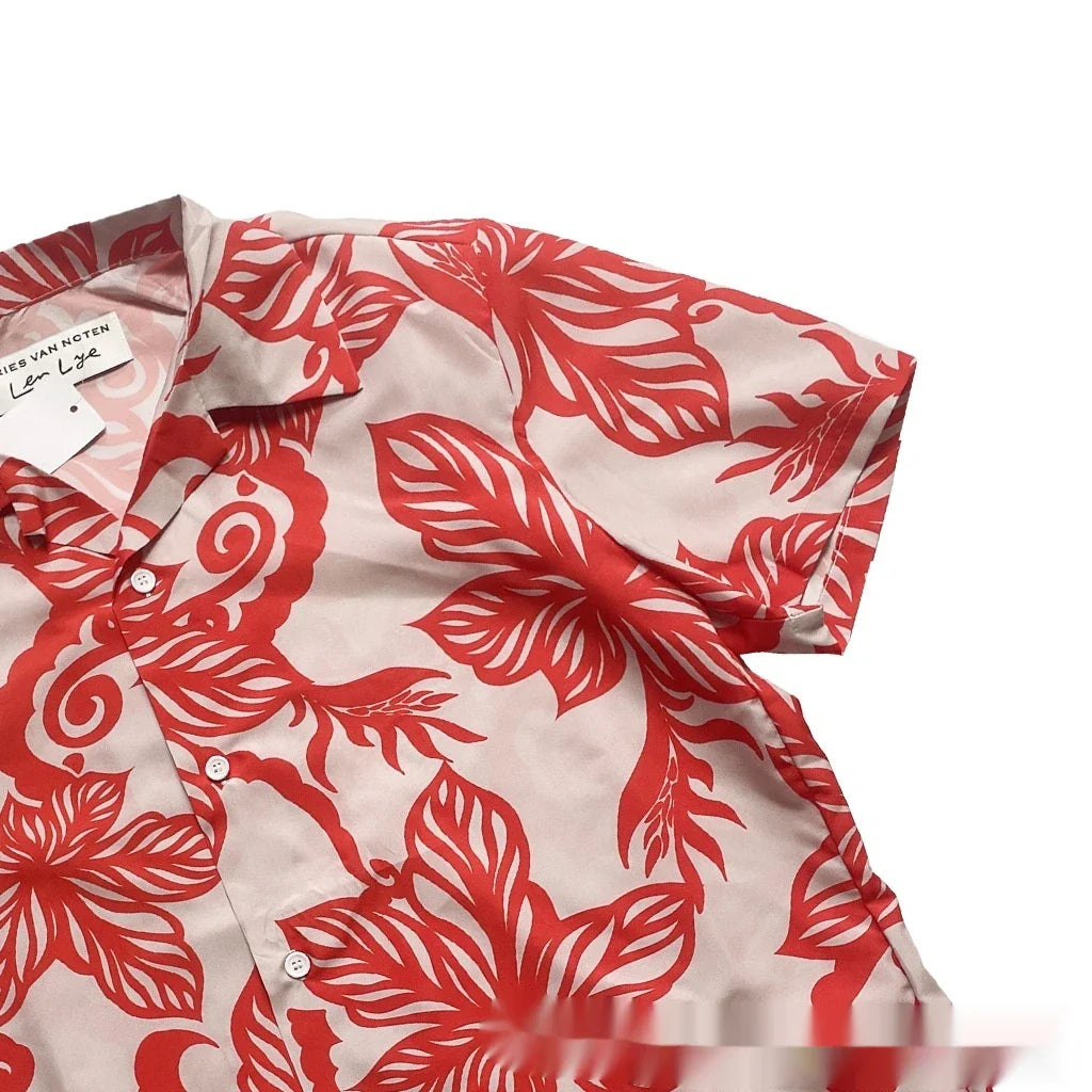 A stylish red short-sleeve shirt with a retro vine print pattern, perfect for casual British-inspired fashion.