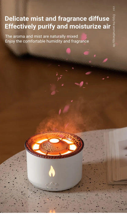 Elegant ultrasonic essential oil humidifier with flame and jellyfish-inspired lighting effects for relaxing ambiance