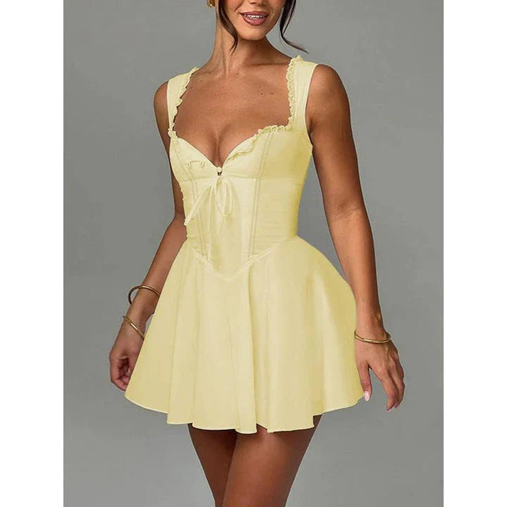 Elegant summer a-line party dress with lace-up detail, available in yellow