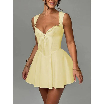 Elegant summer a-line party dress with lace-up detail, available in yellow
