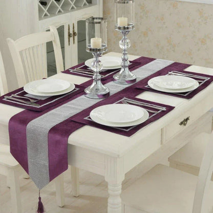 Elegant crystal-trimmed table runner with 4 coordinating beige placemats, creating a refined and sophisticated dining setting