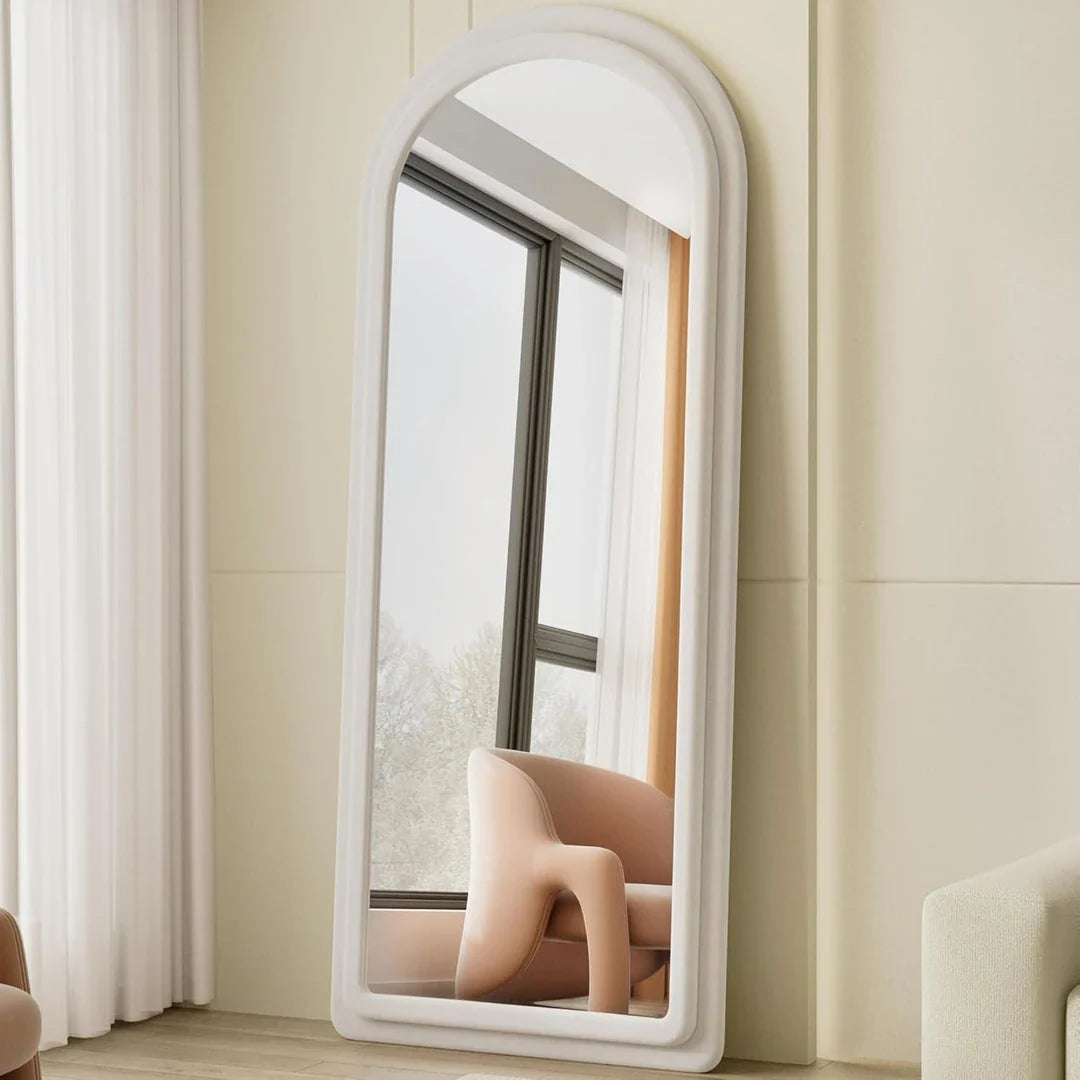 Arched full-length mirror with flannel frame, featuring a unique rabbit ear design for hanging accessories