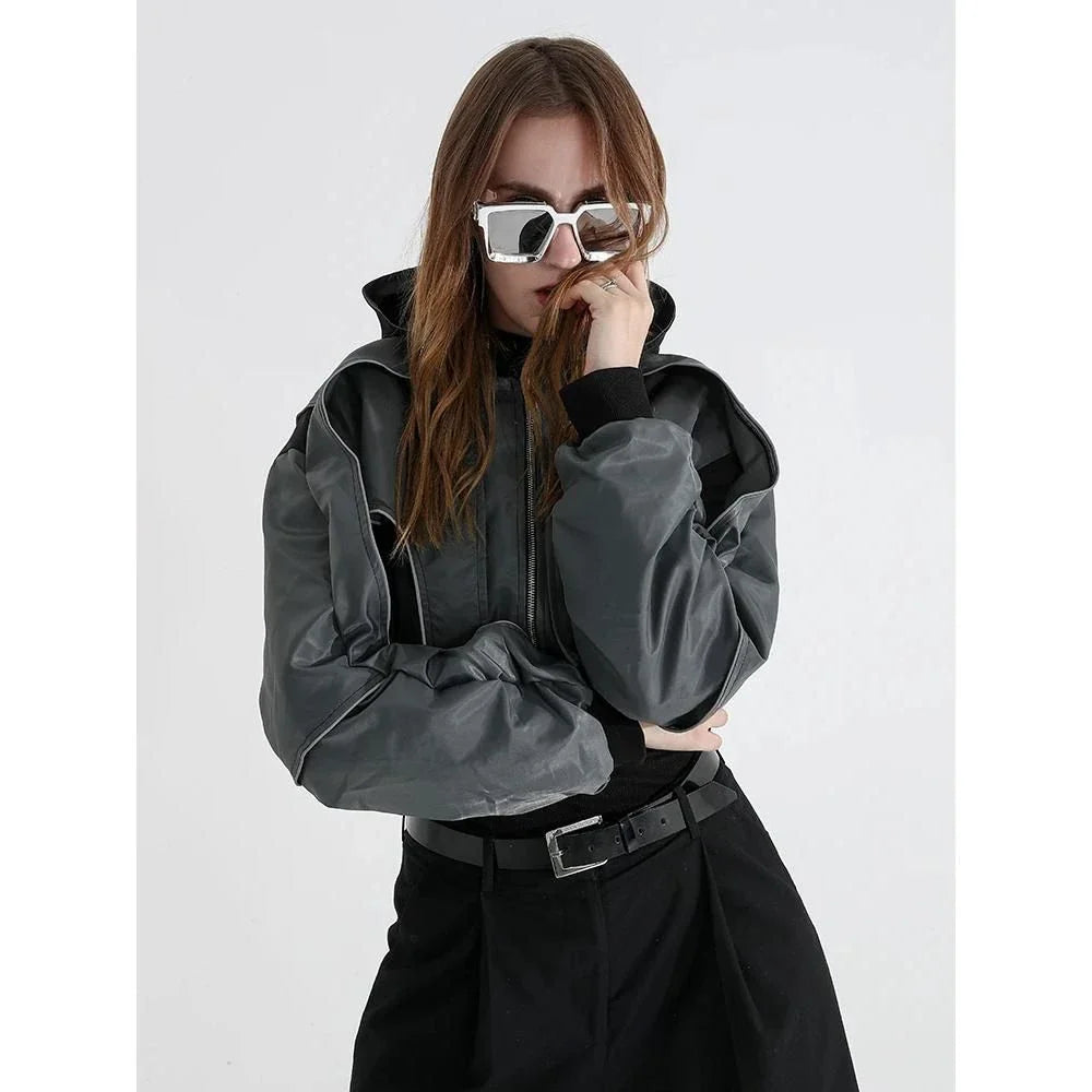A stylish autumn hooded jacket with reflective splicing and a patchwork design, providing both fashion and visibility.