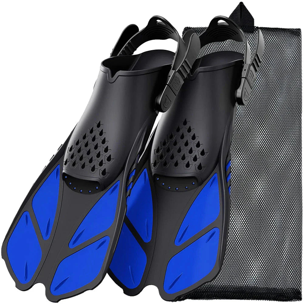 Adjustable open-heel snorkel fins with durable, lightweight construction and non-slip design for enhanced comfort and safety during underwater exploration