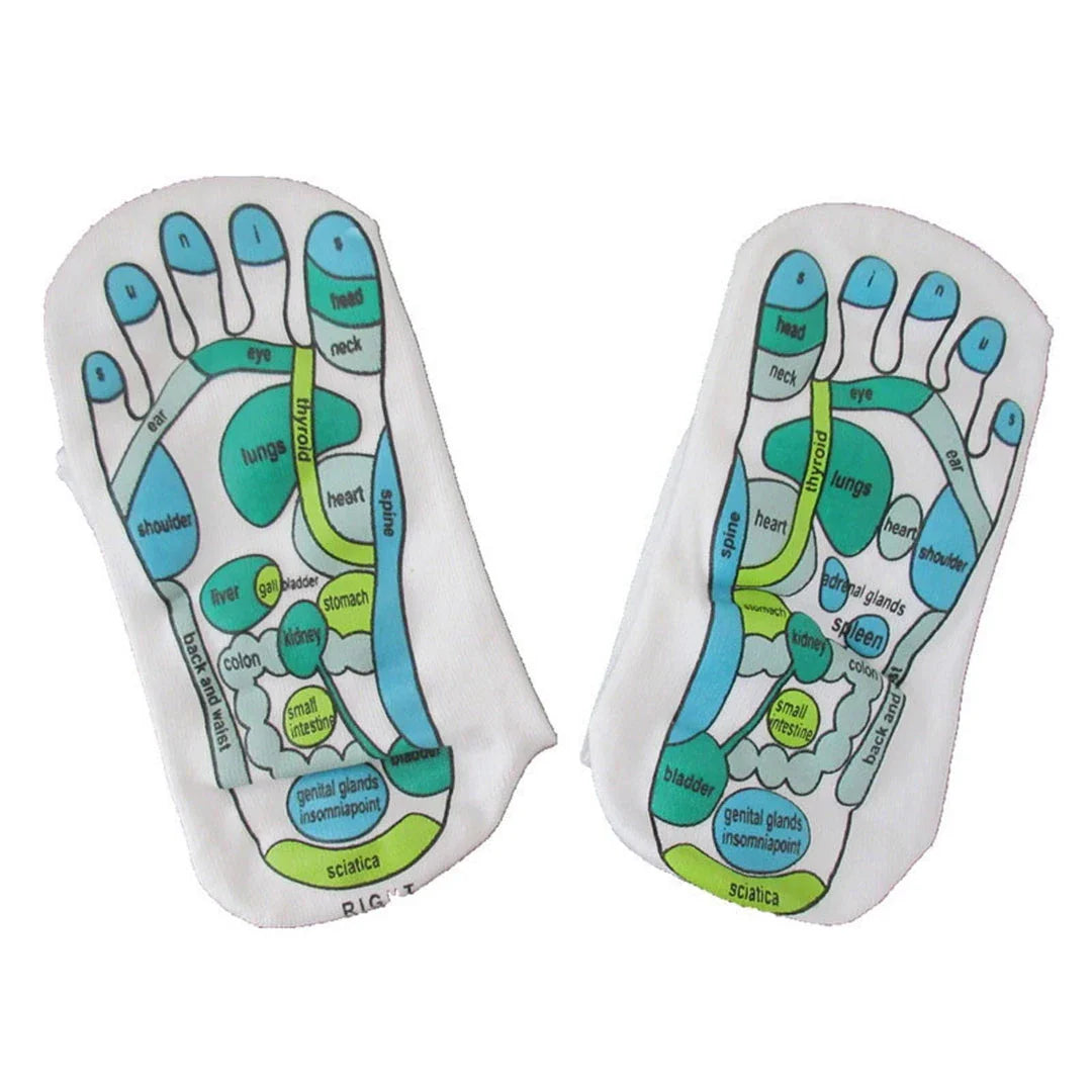 Premium acupressure massage reflexology socks in white with clear English illustrations for targeting pressure points