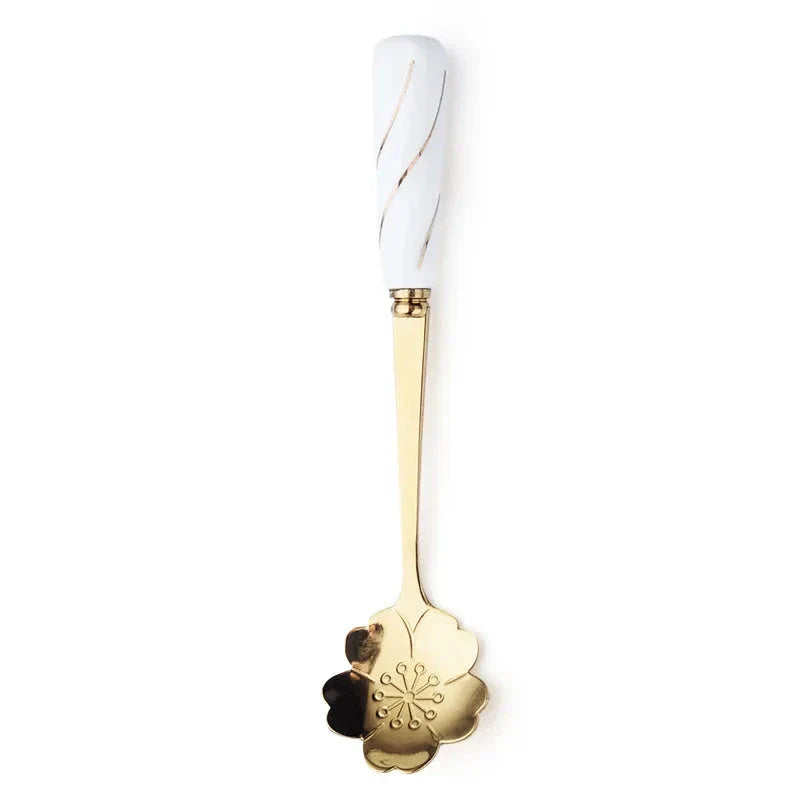 Elegant gold-plated mini stainless steel dessert spoons with colourful ceramic handles and floral designs