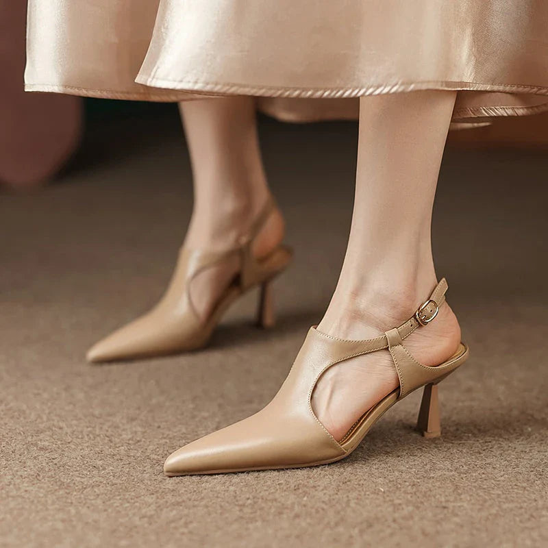 Elegant leather pointed toe high heel sandals with a sleek, sophisticated design and premium construction for a stylish and comfortable look.