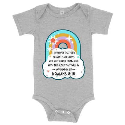 Comfy Bible verse baby bodysuit in mauve triblend fabric with flexible fit and envelope neckline