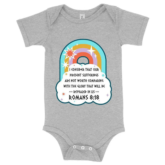 Comfy Bible verse baby bodysuit in mauve triblend fabric with flexible fit and envelope neckline