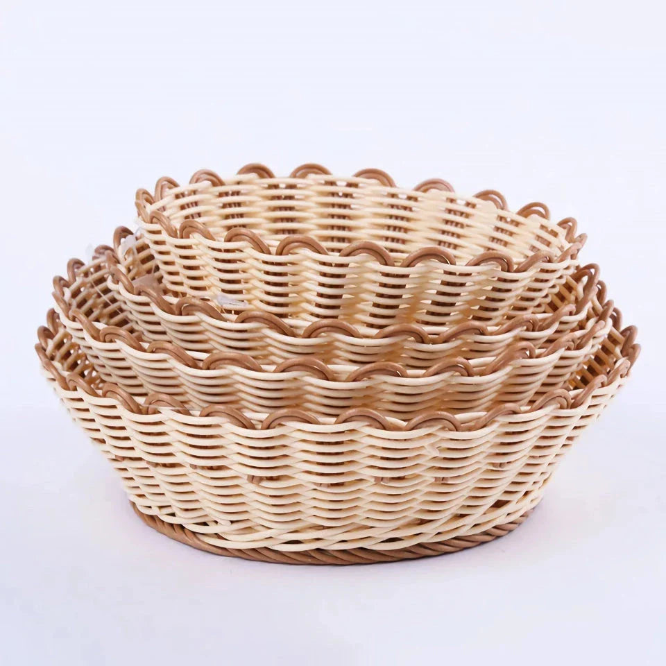Handwoven produce and bread storage basket made from eco-friendly plastic that mimics natural rattan, with a dustproof cover to keep items fresh.