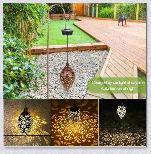 Decorative outdoor solar lanterns hanging in a lush garden, providing warm, ambient lighting
