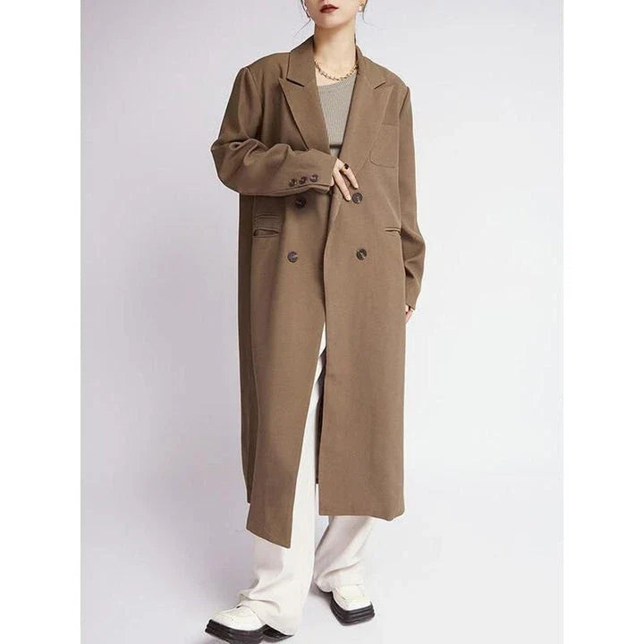 Elegant double-breasted coffee trench coat for women, featuring a wide-waisted design, turn-down collar, and full-length sleeves for a flattering and functional look.