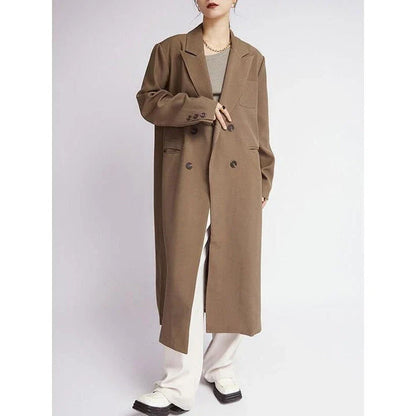 Elegant double-breasted coffee trench coat for women, featuring a wide-waisted design, turn-down collar, and full-length sleeves for a flattering and functional look.