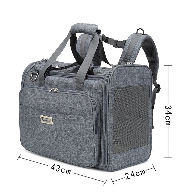 Premium water-resistant pet carrier bag made of eco-friendly 420D polyester with breathable mesh panels and ergonomic design for comfortable pet travel.